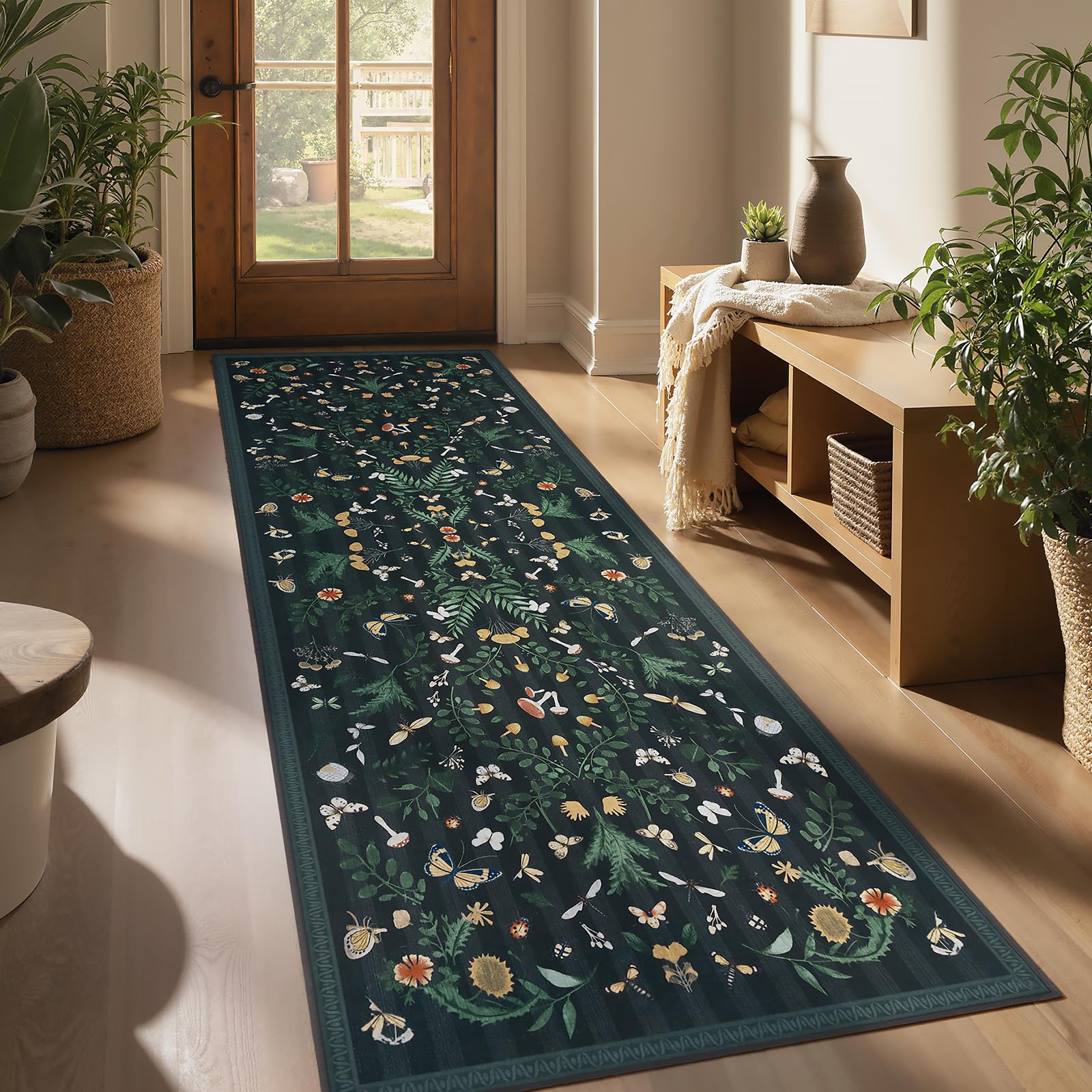 Joydeco Insect Washable Bathroom Rug, Botanical Kitchen Runner Rug Non Slip, Boho Ultra-Thin Soft Indoor Floor Carpet Runners for Hallways Entryway Entrance Laundry