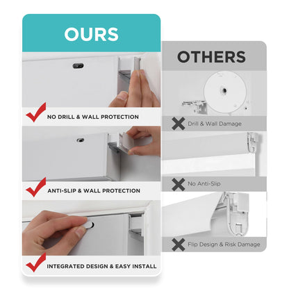 Comparison of no-drill zebra blinds vs. competitors highlighting wall protection, anti-slip, and easy installation benefits.