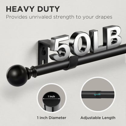 Joydeco Matte Black Adjustable Curtain Rod 32 to 120 Inches - 1 Inch Diameter Heavy Duty Rod for Sliding Doors, Patio & Outdoor