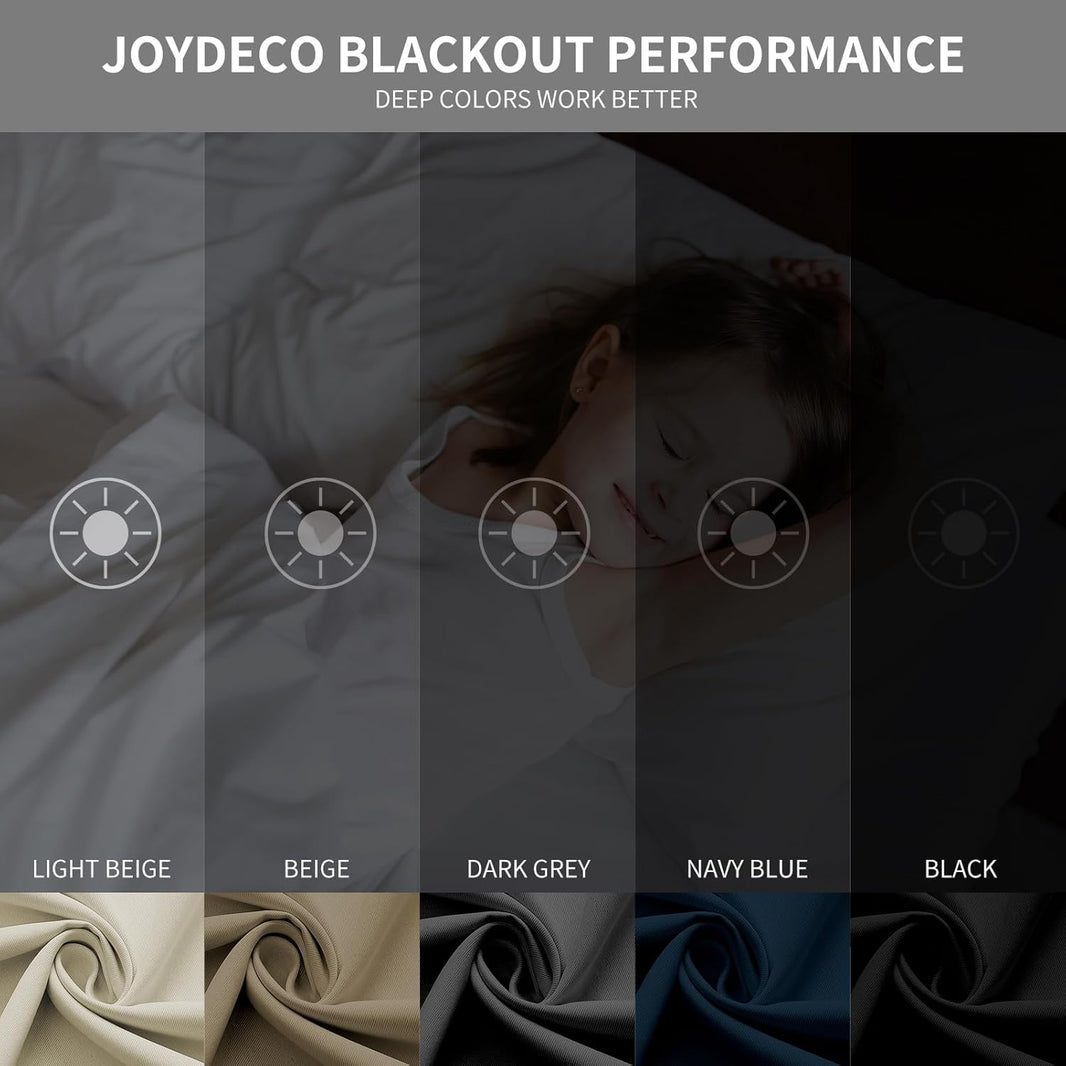 Joydeco blackout curtain performance by color: Light Beige, Beige, Dark Grey, Navy Blue, Black.