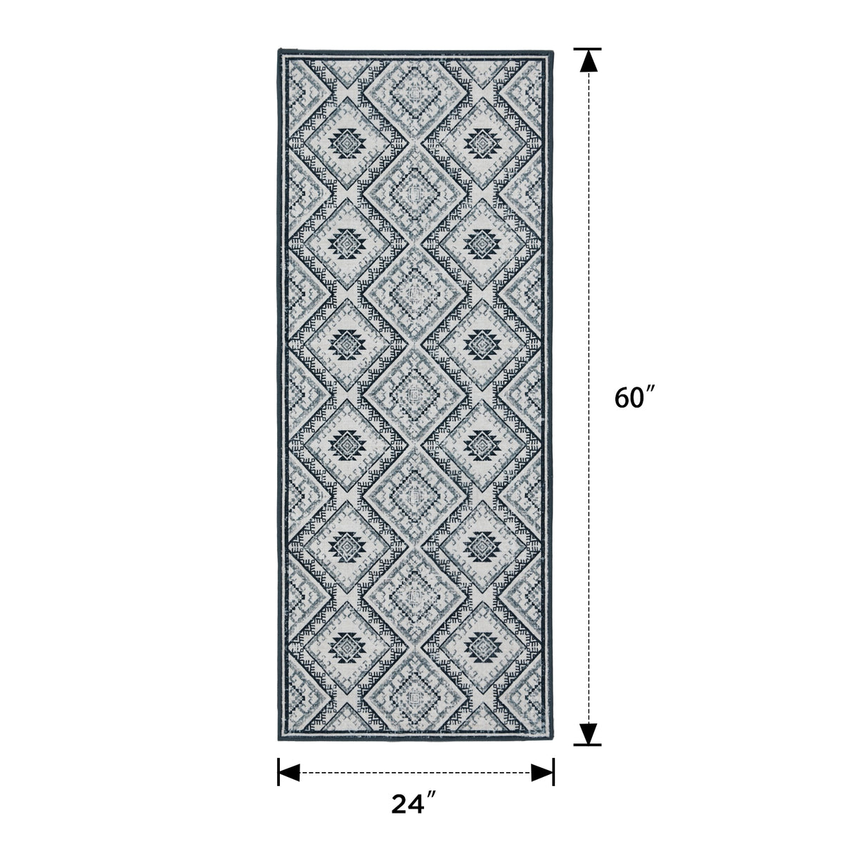 Joydeco vintage geometric runner rug, 24" x 60", grey and white diamond pattern, for entryway or hallway.