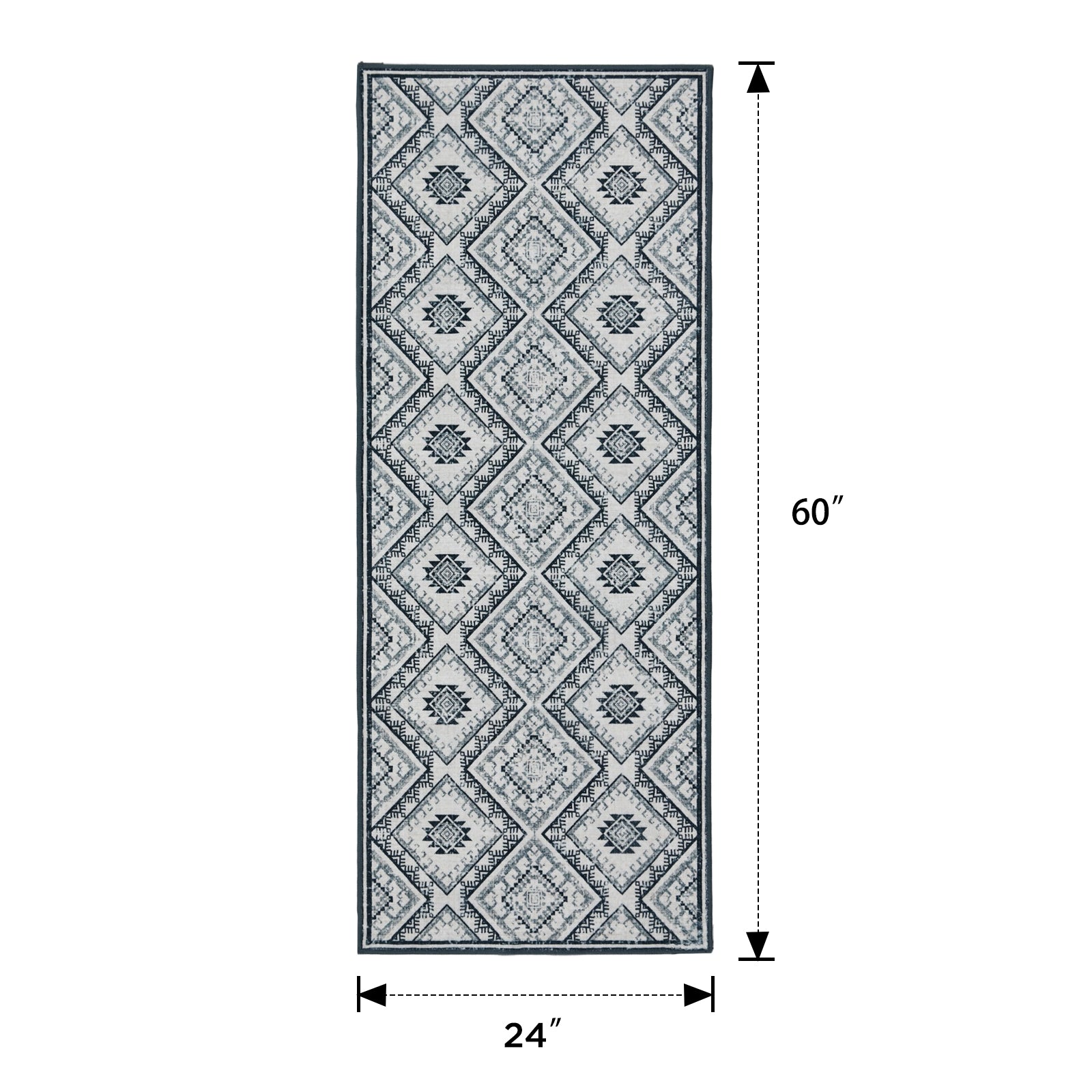 Joydeco vintage geometric runner rug, 24" x 60", grey and white diamond pattern, for entryway or hallway.