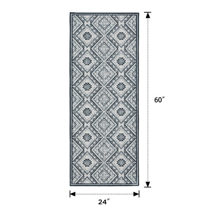 Joydeco vintage geometric runner rug, 24" x 60", grey and white diamond pattern, for entryway or hallway.
