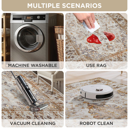 Joydeco Runner Rug Non Slip Machine Washable Vintage Rug, Low Pile Non Slip Chenille Print Rugs for Living Room, Entryway, Bedroom, Kitchen and Corridor, Bathroom