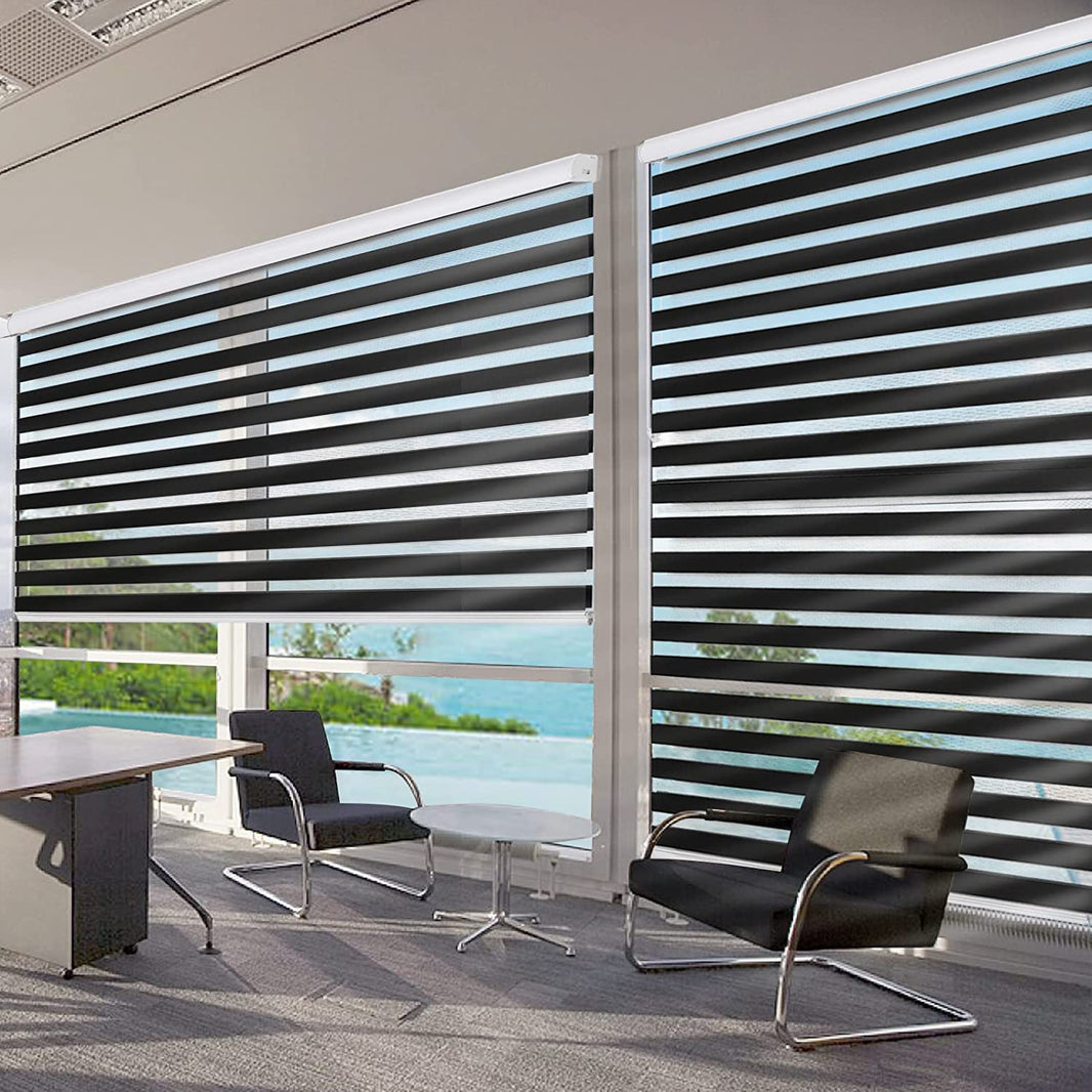 Joydeco cordless black zebra blinds in modern office, dual-layer light filtering roller shades.
