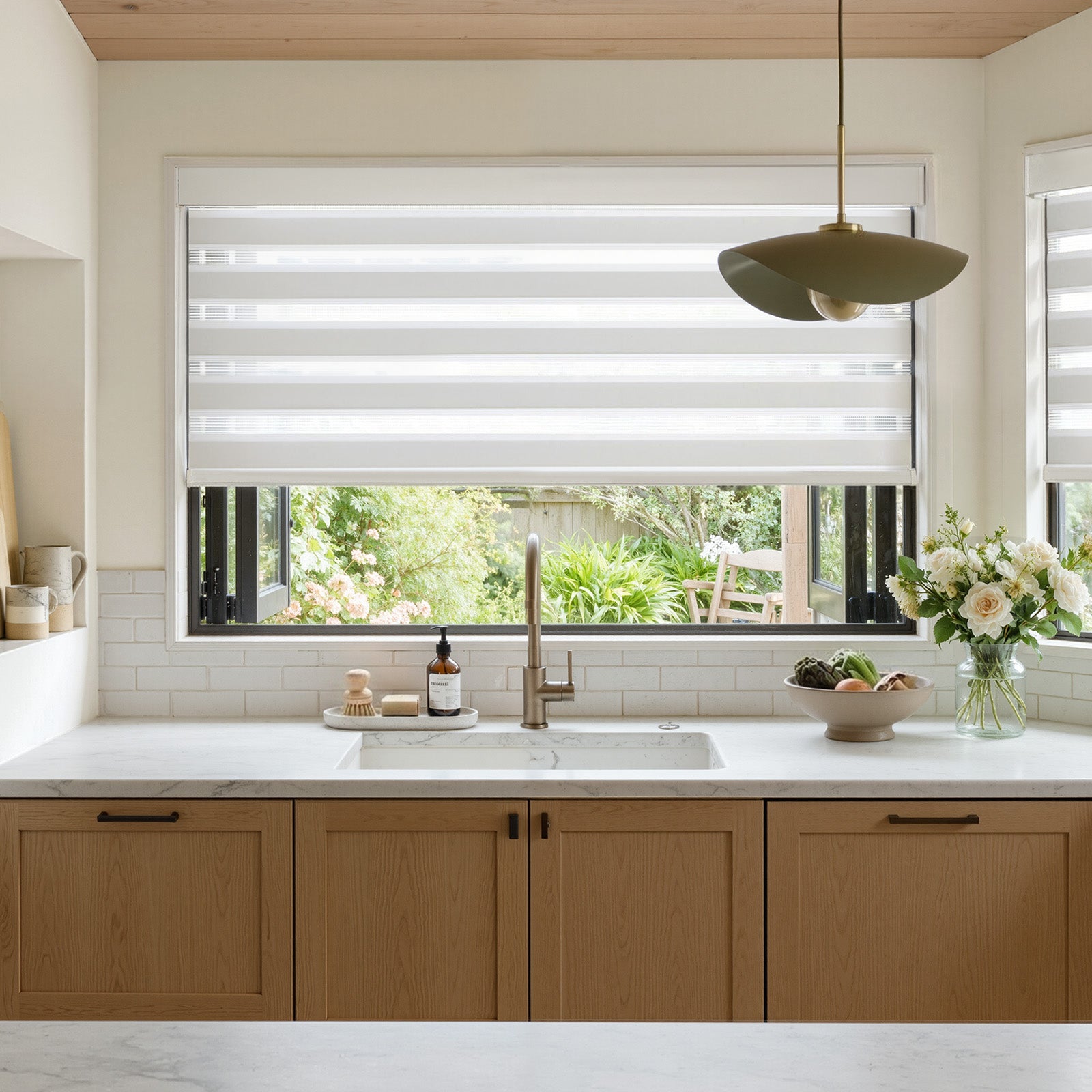 Marlow light filtering zebra shade, white alternating bands, modern blinds and shades.