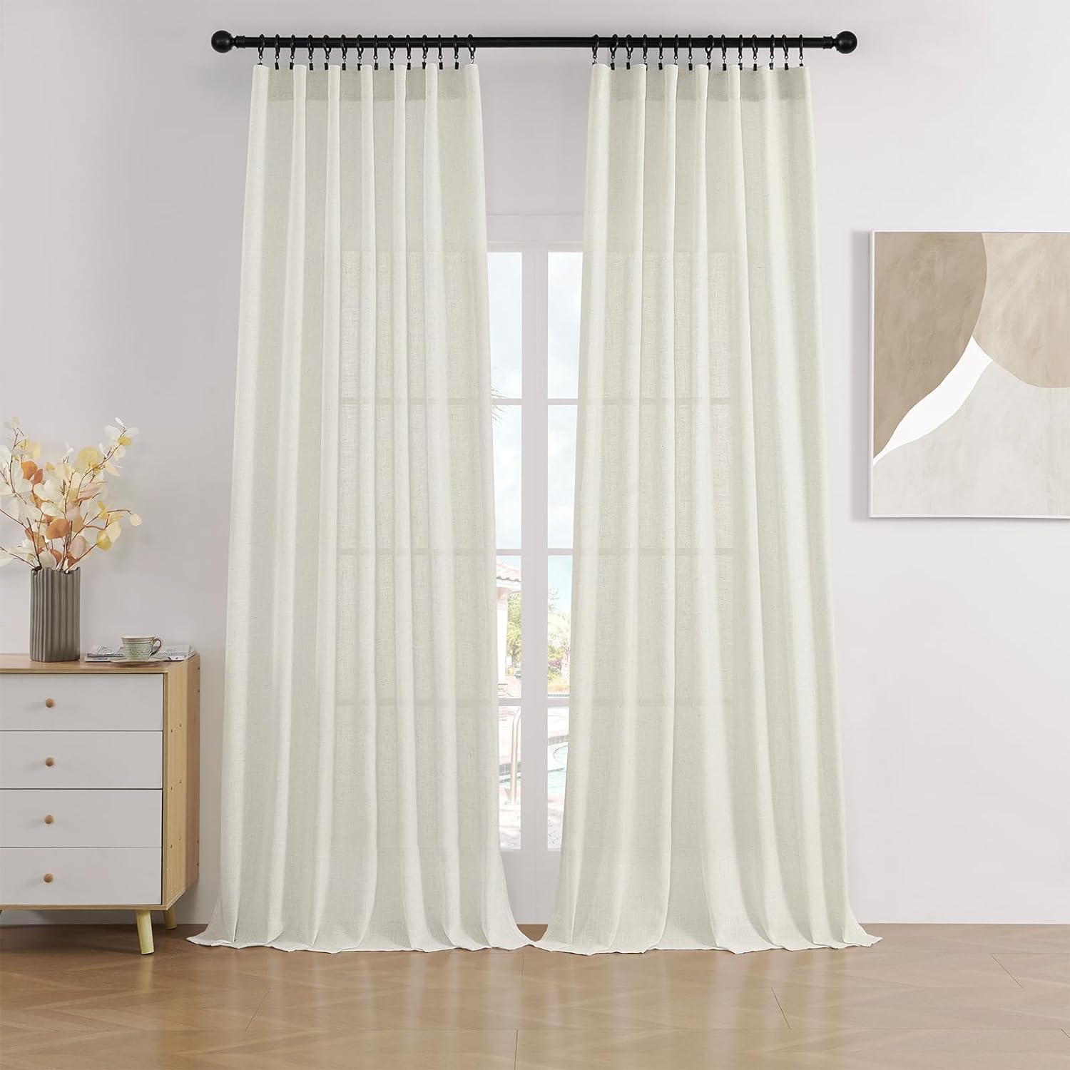 Joydeco Linen Curtains 2 Panel Set,Light Filtering, Ivory on Linen Curtains 96 Inch Curtains for Living Room, Cream Drapes 96 Inches Long Rod Pocket Back Tab Curtains (96" L x 52" W)