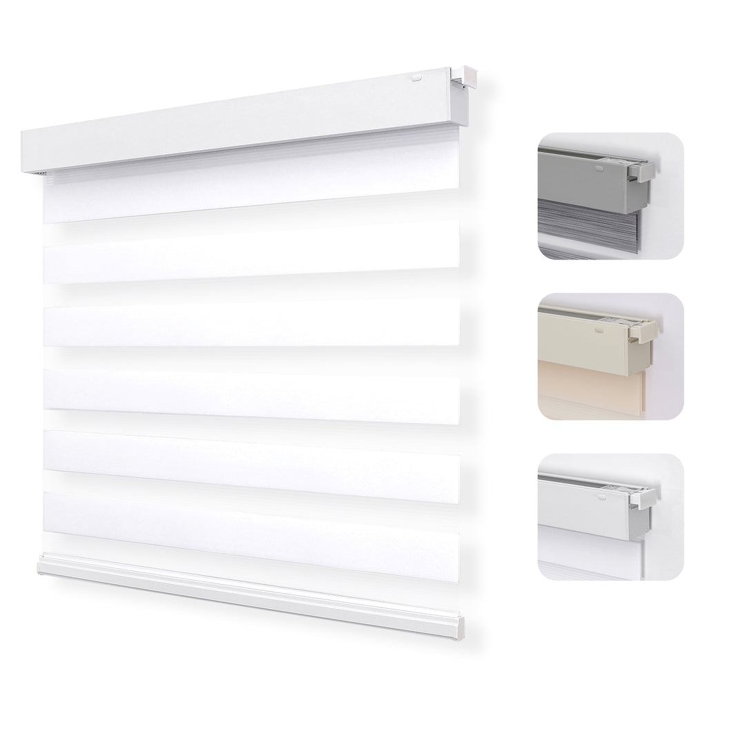 White cordless no-drill privacy zebra blinds with dual-layer fabric for windows, showing easy install mounts in grey, beige, white.