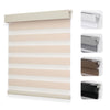 Beige cordless no-drill zebra blinds, light filtering, with alternating stripes and bracket colors.