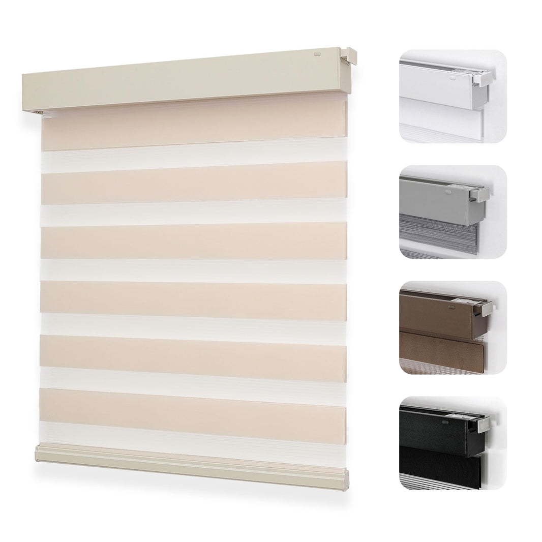 Beige cordless no-drill zebra blinds, light filtering, with alternating stripes and bracket colors.