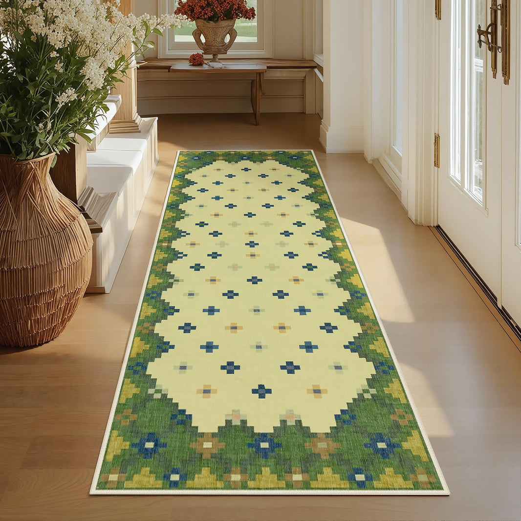 Joydeco Checkered Pink Kitchen Runner Rug Non Slip, Washable Bathroom, Modern Soft Low-Pile Ultra Thin Indoor Floor Throw Carpet for Bedroom Laundry Room Entrance Entryway