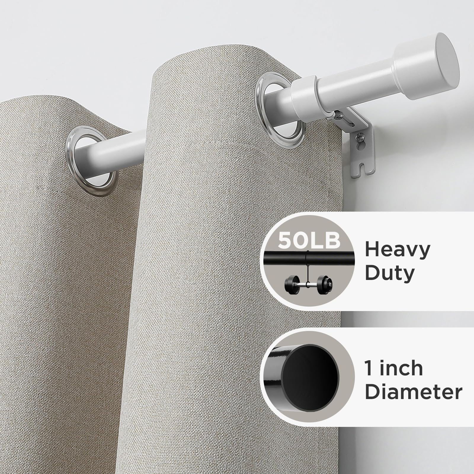 Joydeco brown 1-inch adjustable heavy-duty curtain rod, 170lb capacity, with beige grommet curtains.