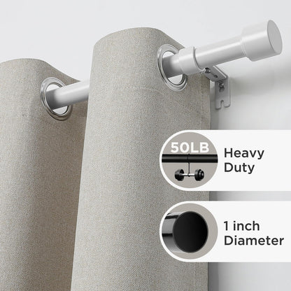 Joydeco brown 1-inch adjustable heavy-duty curtain rod, 170lb capacity, with beige grommet curtains.