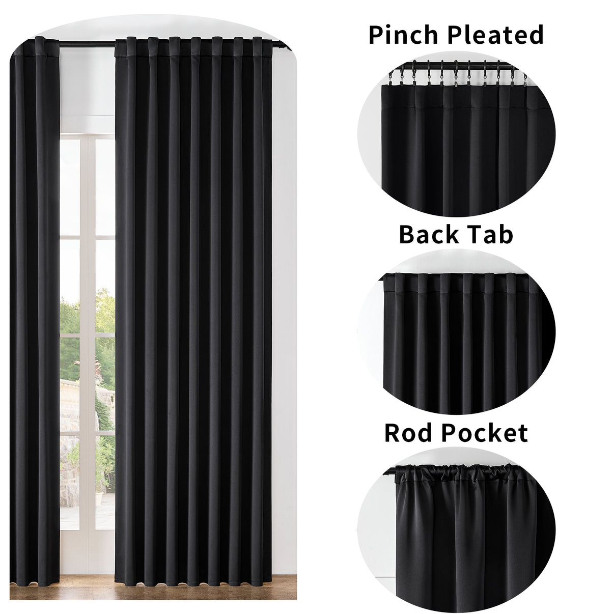 Joydeco black blackout curtains showing pinch pleated, back tab, and rod pocket hanging options.