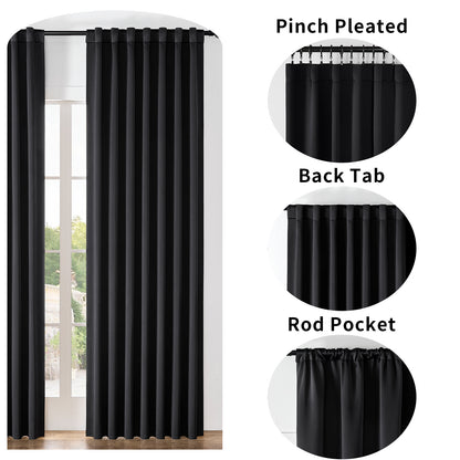 Joydeco black blackout curtains showing pinch pleated, back tab, and rod pocket hanging options.