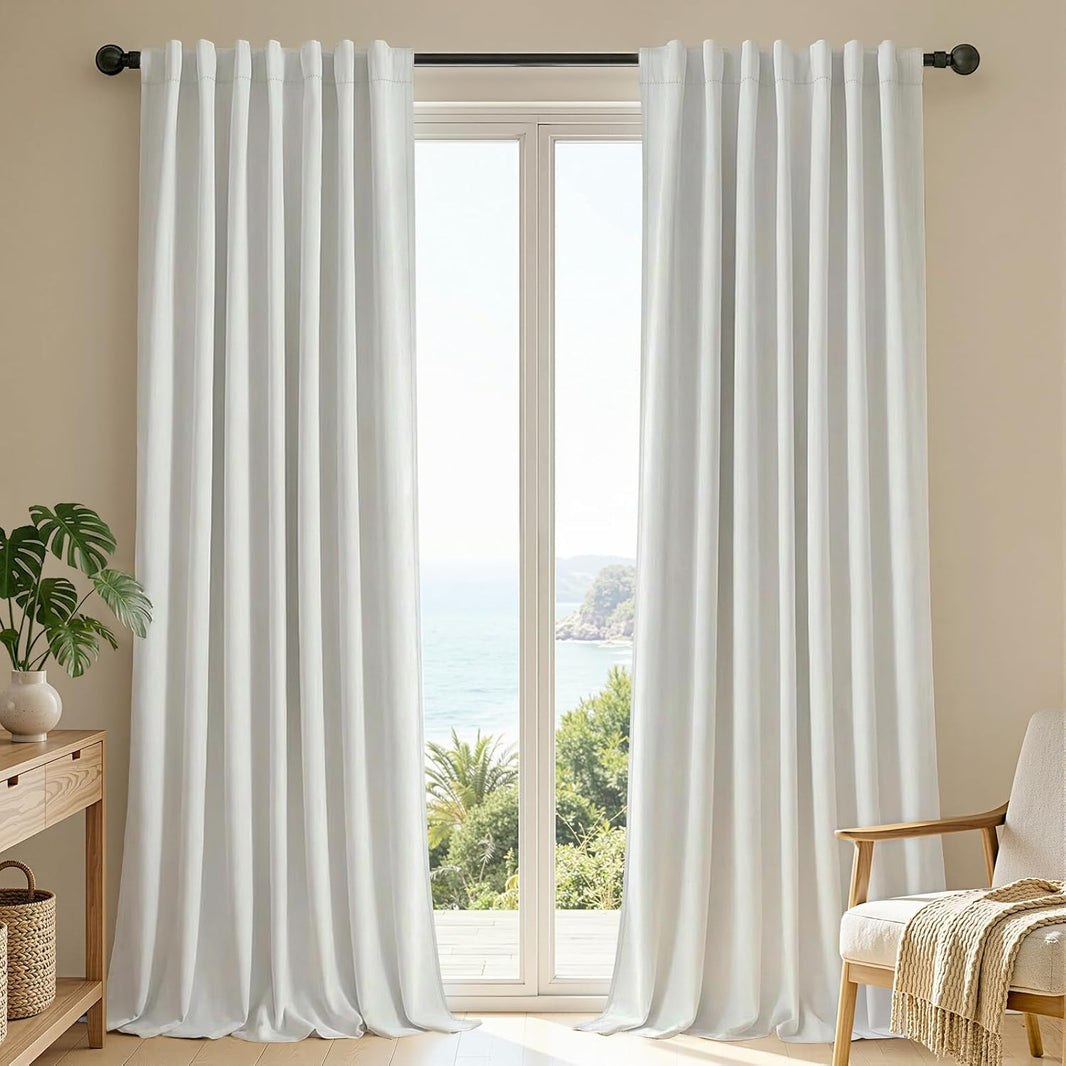 Joydeco White Blackout Curtains 96 Inches Long - Linen 100% Blackout Curtain 2 Panel Set, Rod Pocket & Back Tabs Thermal Insulated Window Drapes for Bedroom Living Room (Pure White,52" Wx96 L)