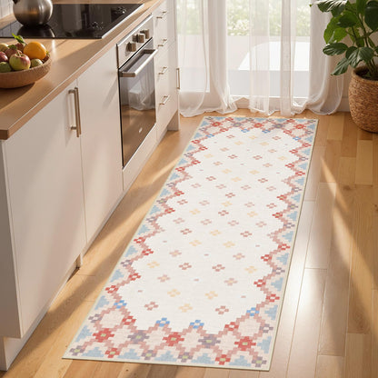 Joydeco Checkered Pink Kitchen Runner Rug Non Slip, Washable Bathroom, Modern Soft Low-Pile Ultra Thin Indoor Floor Throw Carpet for Bedroom Laundry Room Entrance Entryway