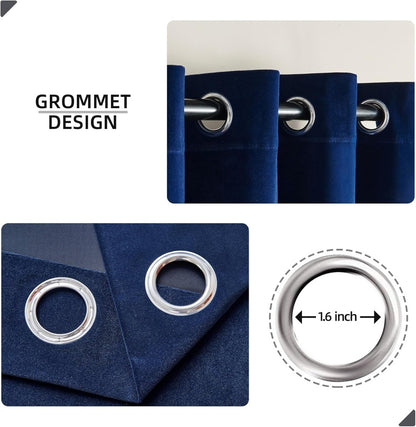 Close-up of royal blue velvet blackout curtains showing 1.6 inch silver grommet detail and plush fabric texture.