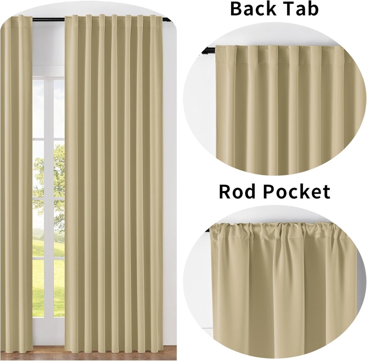 Joydeco black 96-inch blackout curtain set showing back tab and rod pocket hanging styles on a black rod.