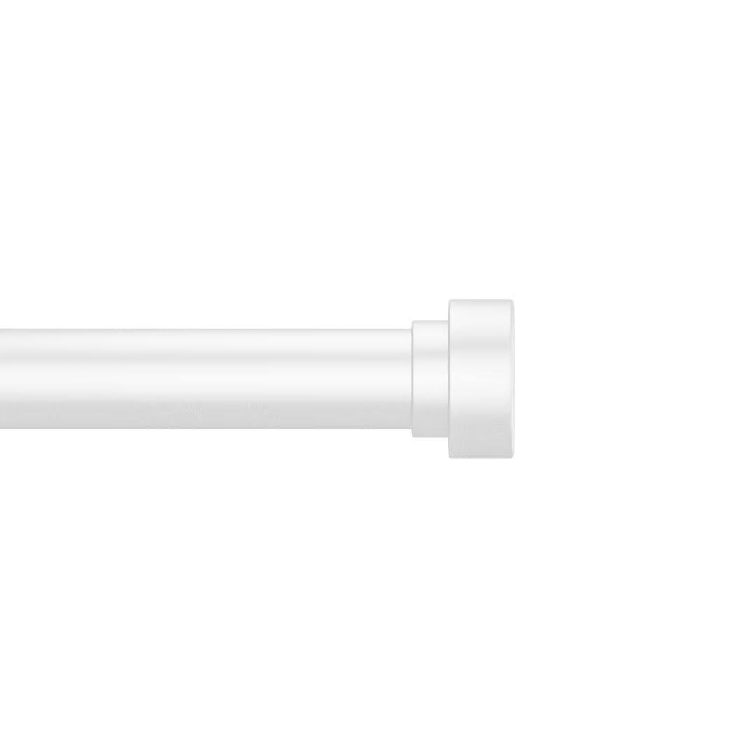 White adjustable heavy duty curtain rod 32-120 inch, showing telescoping design and cylindrical finial on white background.