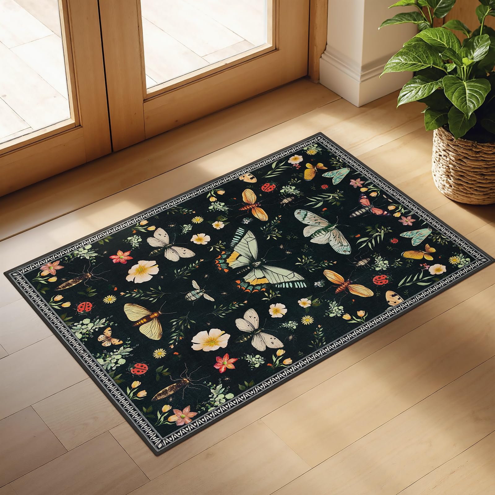 Modern Black Insect Rug Joydeco Insect Bathroom Rugs Non Slip Washable, Floral Kitchen Rugs No