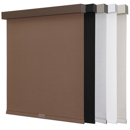 Joydeco cordless blackout roller shades: brown, black, gray, white, beige. Aluminum valance, available colors.
