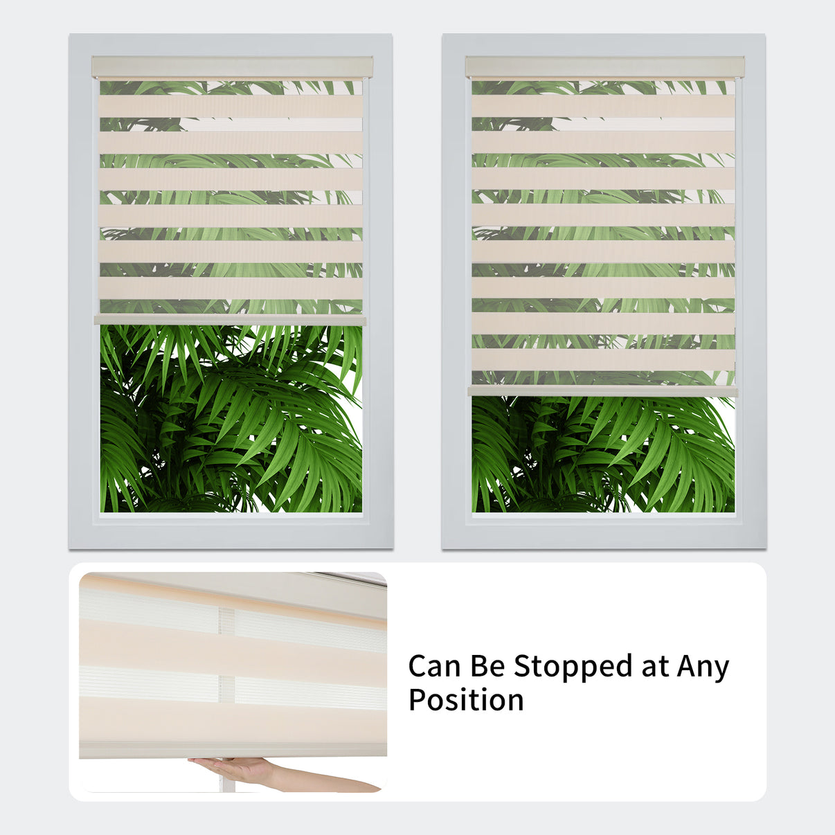 Joydeco beige cordless zebra blinds with adjustable light filtering. Inset shows cordless mechanism.