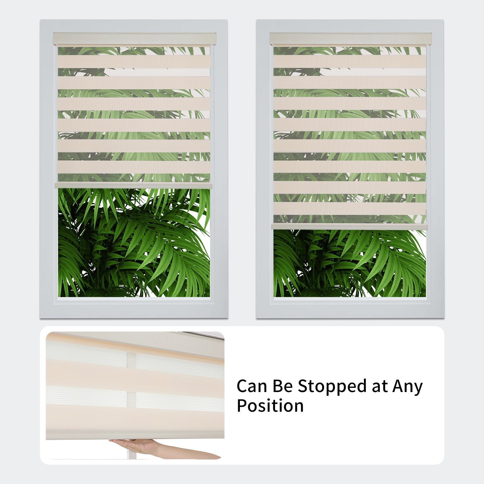 Joydeco beige cordless zebra blinds with adjustable light filtering. Inset shows cordless mechanism.