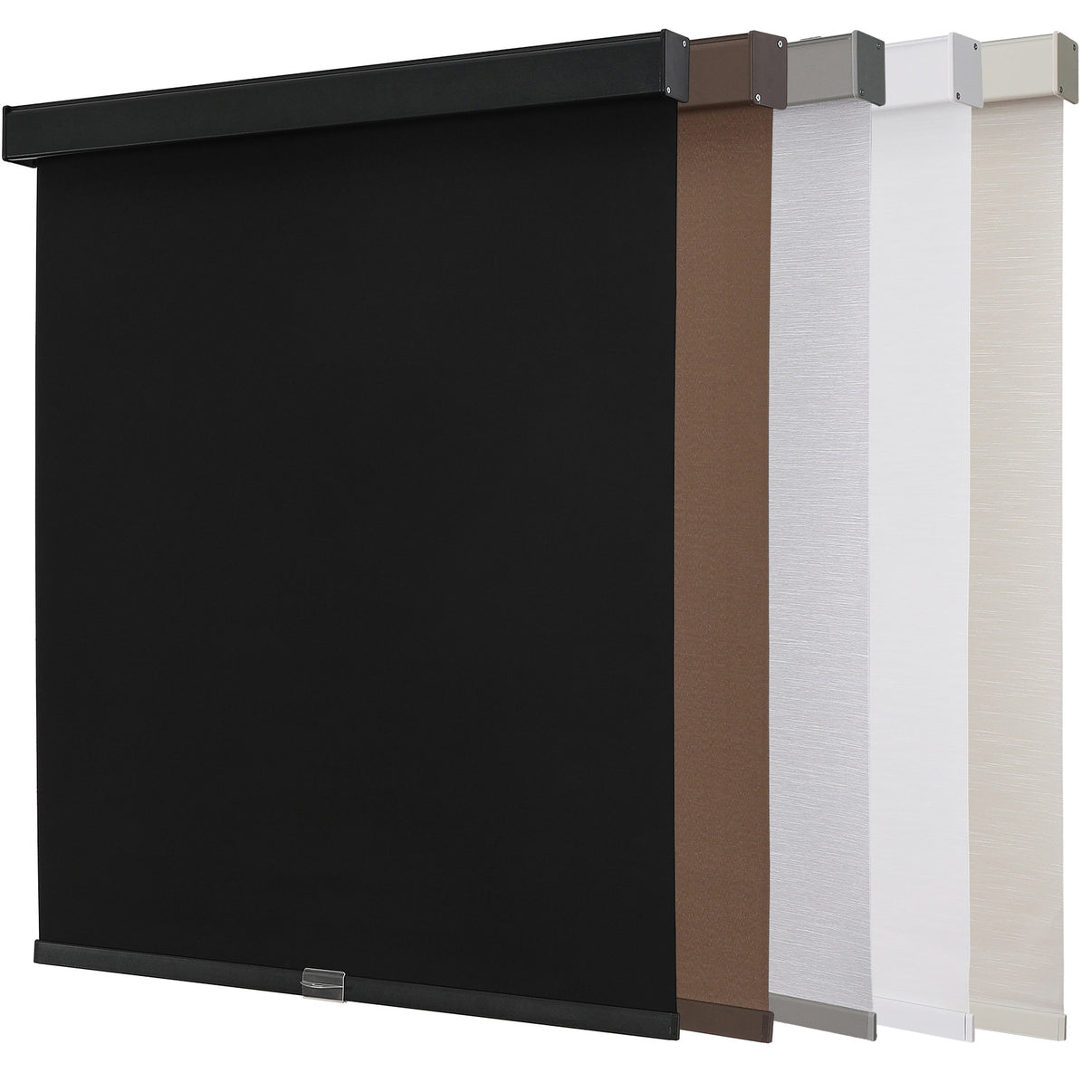 Joydeco cordless blackout roller shades: black, brown, gray, white, beige. Woven textures, aluminum valances.