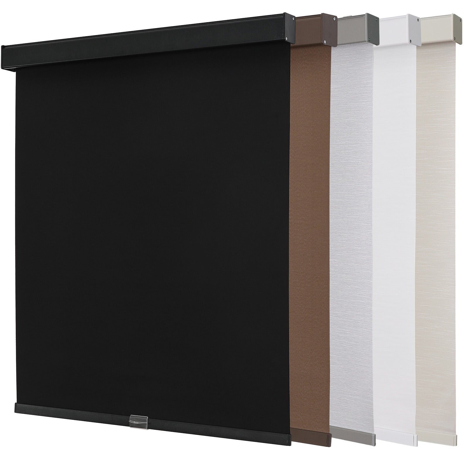 Joydeco cordless blackout roller shades: black, brown, gray, white, beige. Woven textures, aluminum valances.