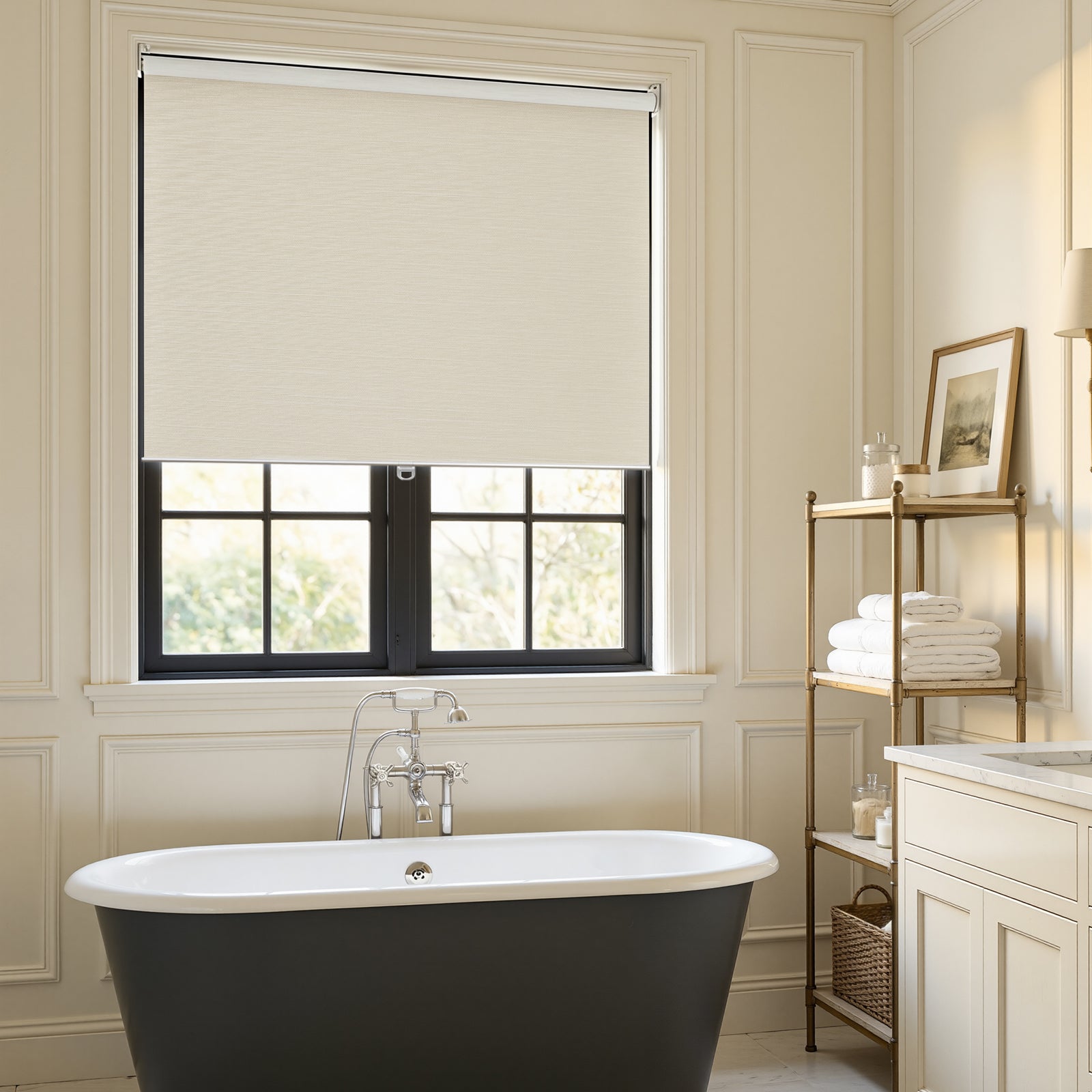 Ashby Blackout Roller Shade, beige textured plain weave fabric for 100% blackout.