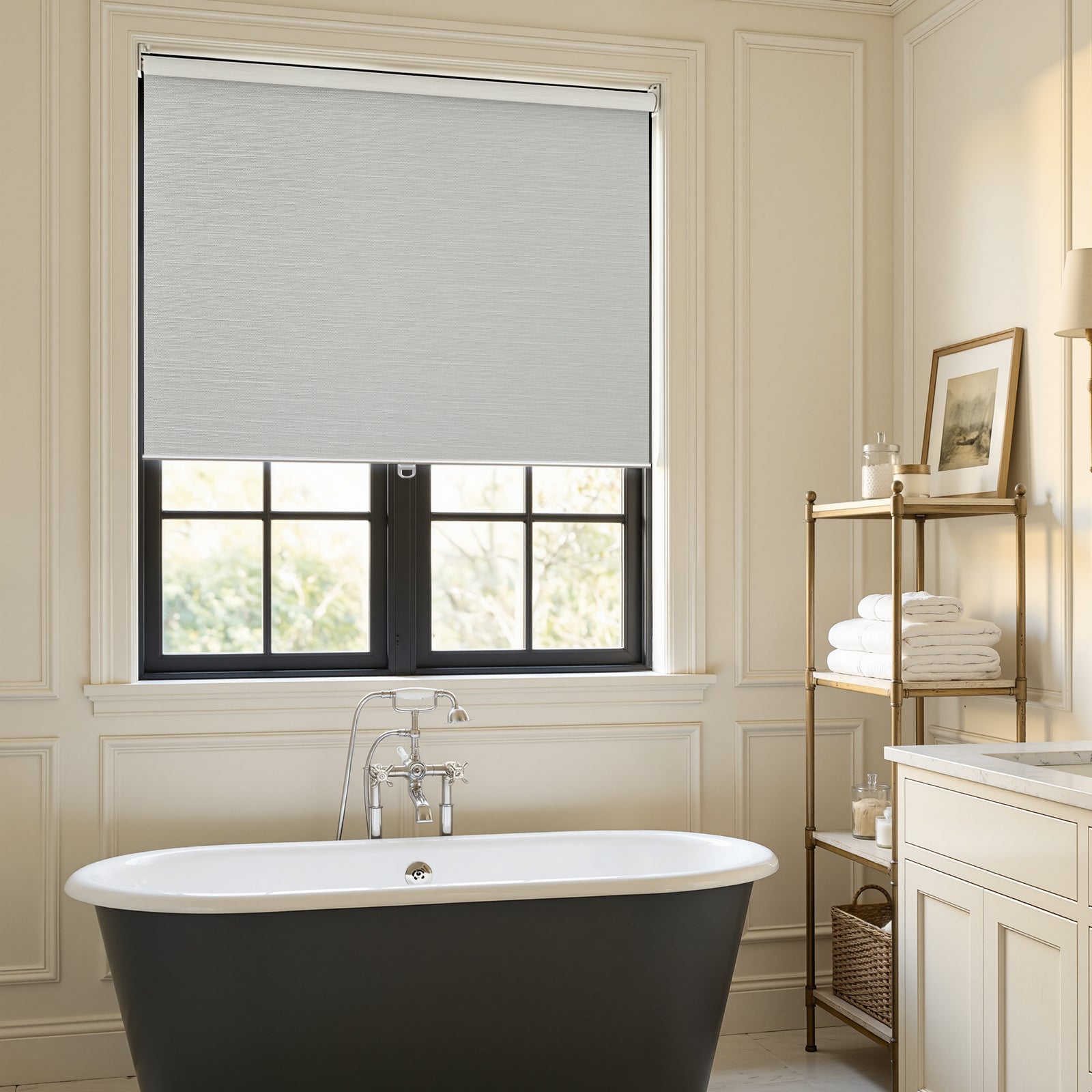 Ashby grey plain-weave blackout roller shade for custom window treatments