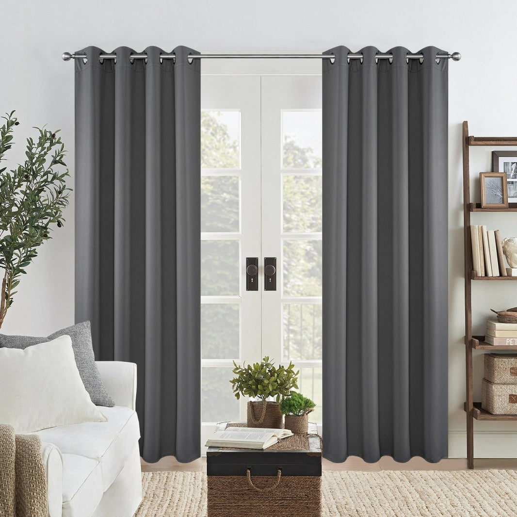 Joydeco dark grey blackout curtains with grommet tops for living room french doors. Thermal insulated, polyester panels.