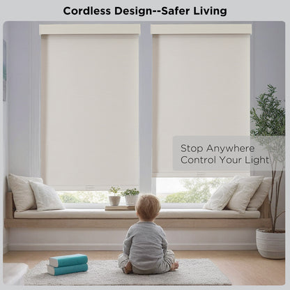 Joydeco 100% Blackout Roller Shades (Pro), Free-Stop Cordless Blinds for Windows, UV Protection, Natural Woven Blinds for Home and Office, Light-Proof Aluminum Cover