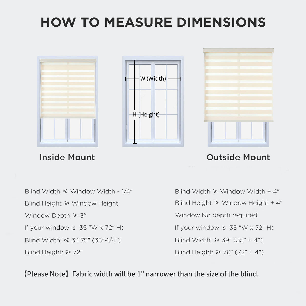 Diagram showing how to measure for Joydeco cordless zebra blinds, illustrating inside and outside mount measurements.