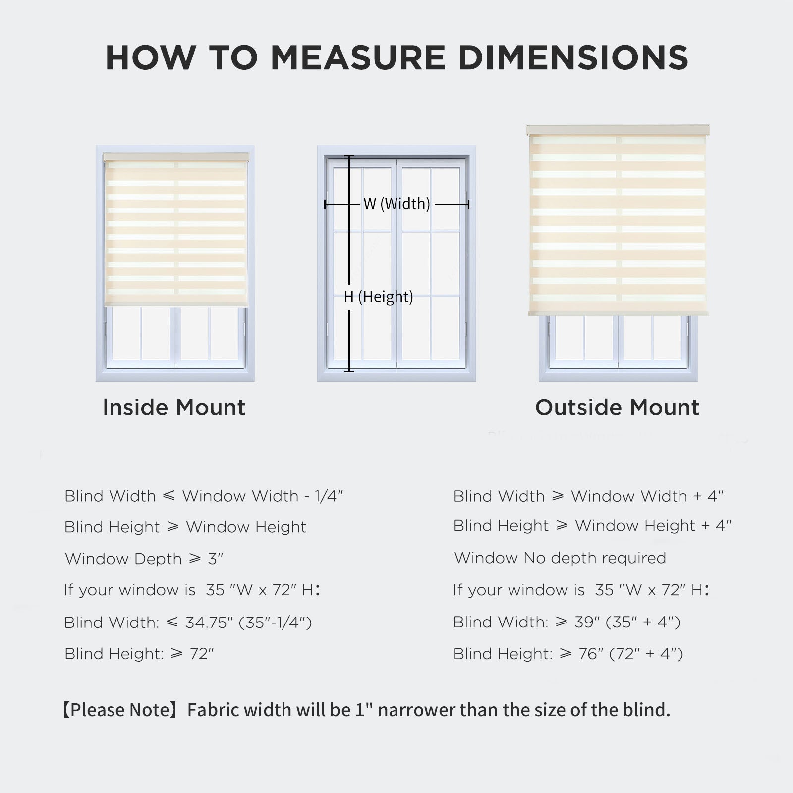 Diagram showing how to measure for Joydeco cordless zebra blinds, illustrating inside and outside mount measurements.