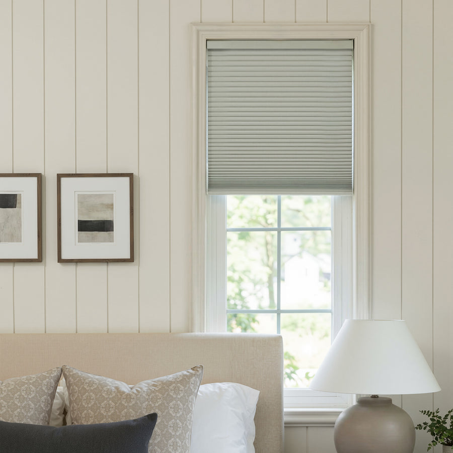 Grey Briar thermal blackout cellular shade with honeycomb structure, 100% light blocking.
