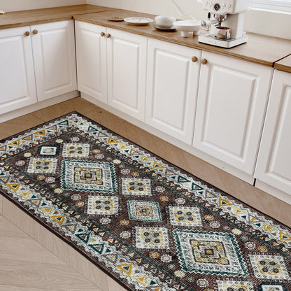 Joydeco brown, white, yellow, and teal vintage geometric runner rug in a kitchen setting.