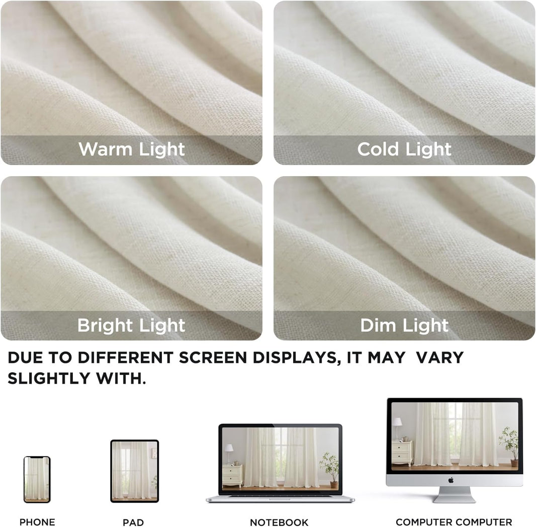 Joydeco linen fabric texture in various lights. Curtains shown on phone, tablet, laptop, desktop screens.