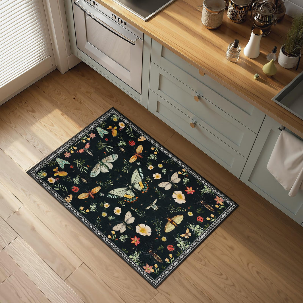 Joydeco Insect Bathroom Rugs Non Slip Washable, Floral Kitchen Rugs Non Slip, Soft Low-Pile Ultra Thin Boho Indoor Floor Throw Carpet for Entryway Bedroom Laundry Entrance