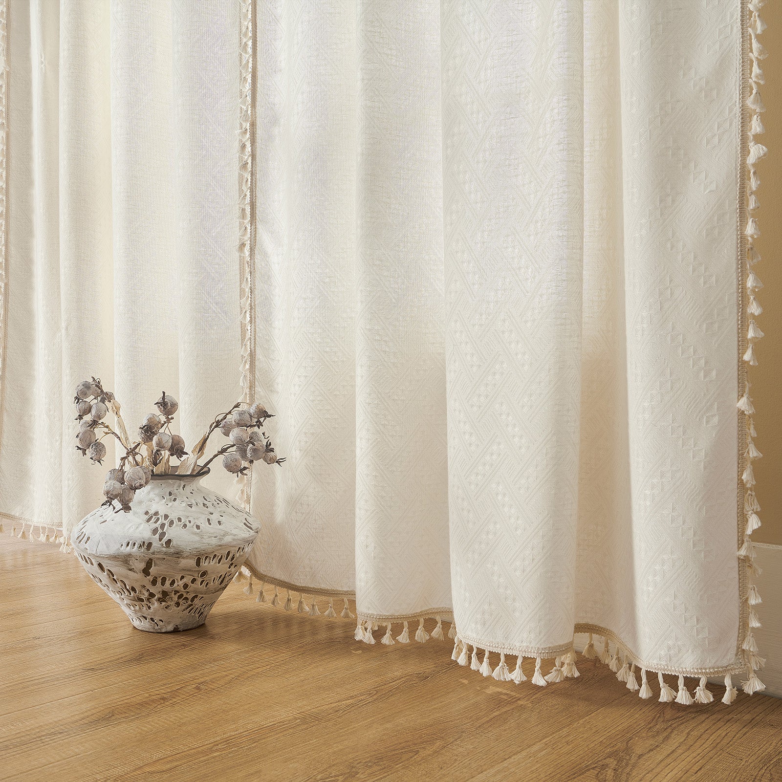 Joydeco Beige Boho Curtains 84 Inches Long 2 Panels Set, Cream Boho Curtains for Bedroom Living Room, Super Soft Light Filtering Country Rustic Semi Sheer Farmhouse Curtains Rod Pocket