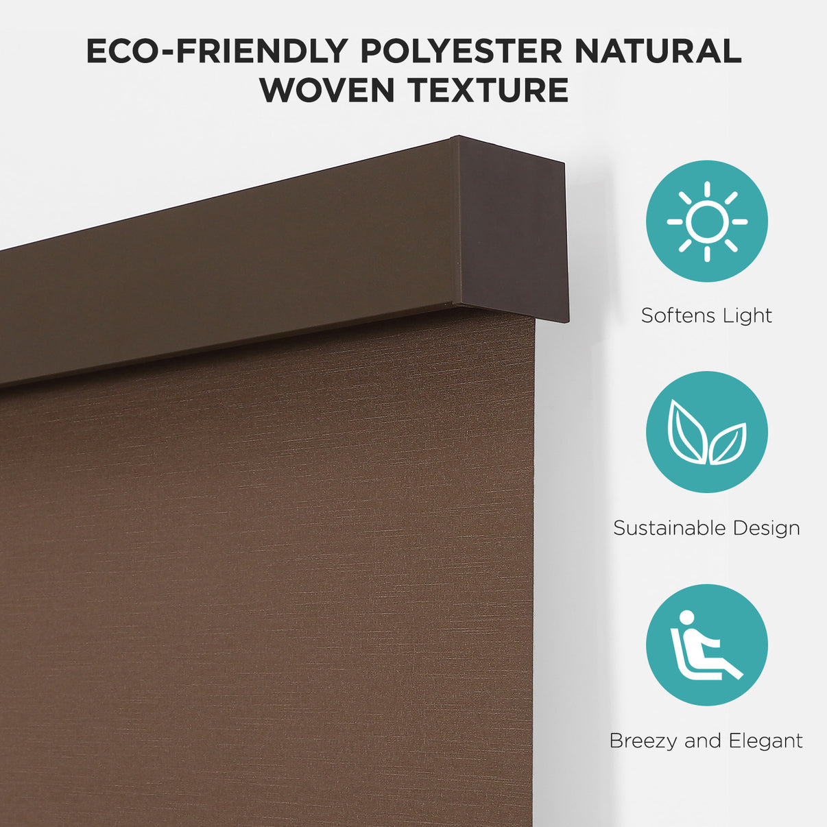 Brown Joydeco cordless blackout roller shade with woven texture, aluminum valance, sustainable design.