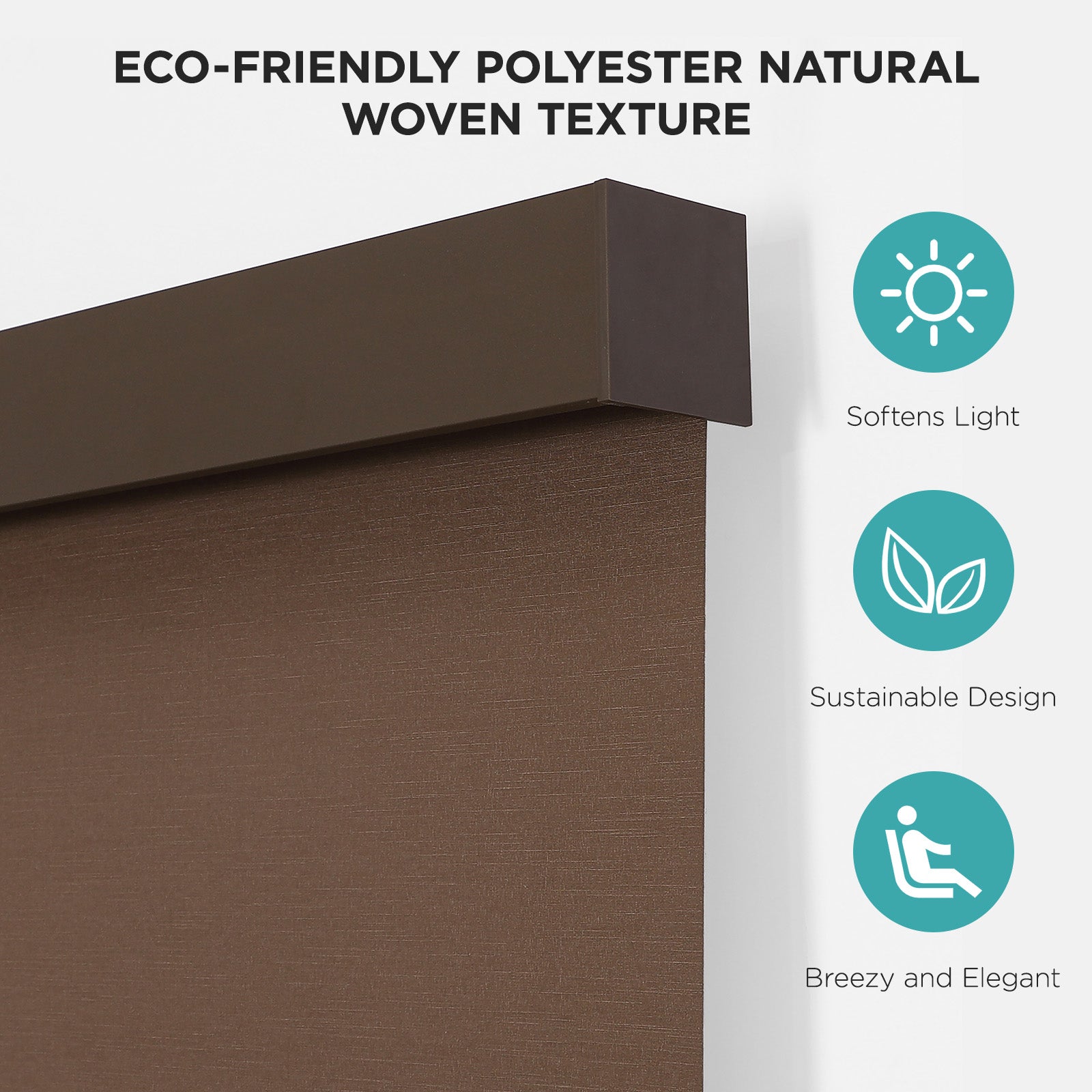 Brown Joydeco cordless blackout roller shade with woven texture, aluminum valance, sustainable design.