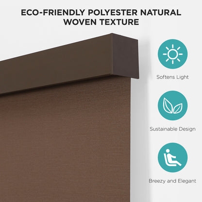 Brown Joydeco cordless blackout roller shade with woven texture, aluminum valance, sustainable design.