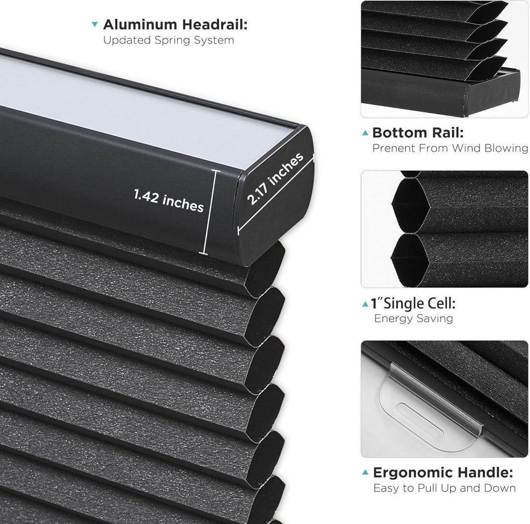 Blackout cordless cellular shade: honeycomb fabric, aluminum headrail (1.42" D x 2.17" H), bottom rail, 1" cell, handle.