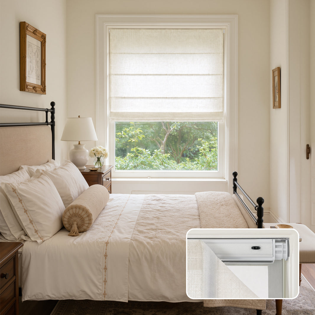 Rowan no-drill light filtering linen Roman shade in a bedroom, natural slub texture, white finish