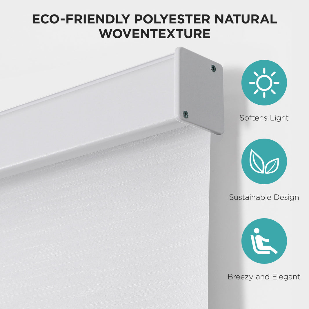 White Joydeco cordless roller shade: woven polyester texture, aluminum valance, softens light, sustainable design.