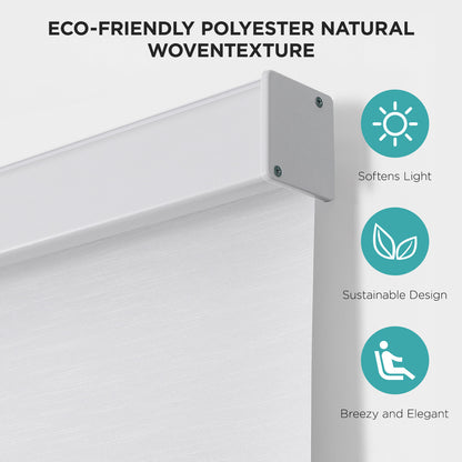 White Joydeco cordless roller shade: woven polyester texture, aluminum valance, softens light, sustainable design.