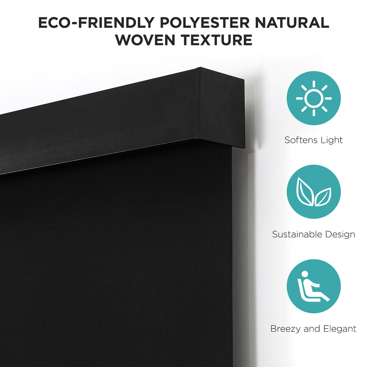 Blackout roller shade close-up showing woven texture, aluminum valance, and icons for UV protection and sustainable design.