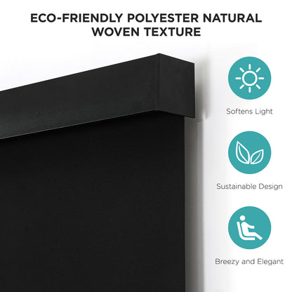 Blackout roller shade close-up showing woven texture, aluminum valance, and icons for UV protection and sustainable design.